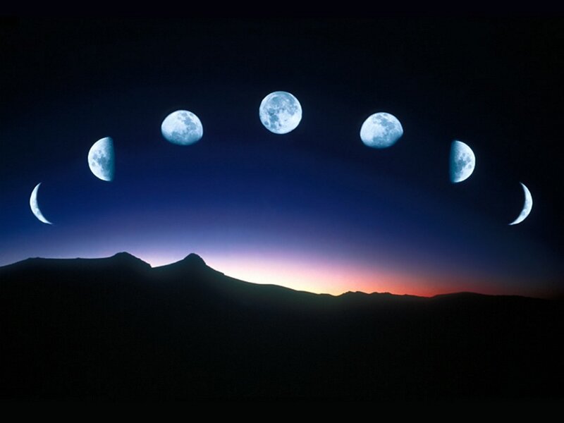 Moon Phases over Mountains — Blue, Serene, Night, Photograph, Sky