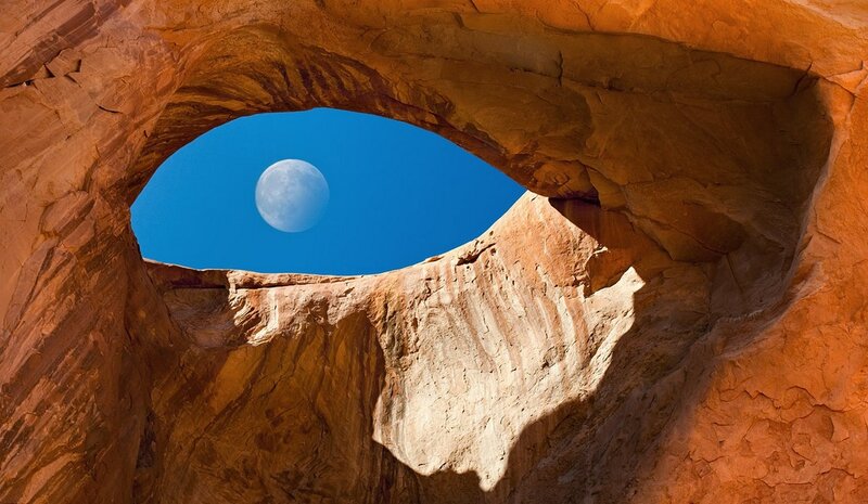 Moon Through Rock Arch — Blue, Serene
