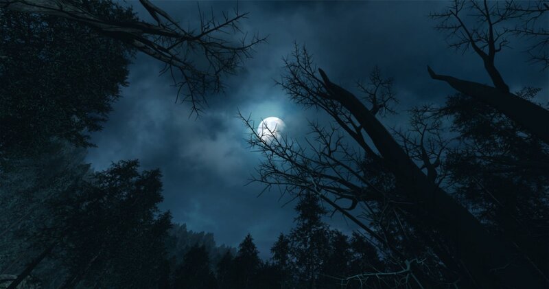 Moon Through Tree Branches — Blue, Dark, Night, 3d Render