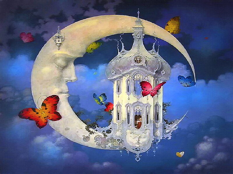 Moon with Face and Castle — Blue, Dreamy
