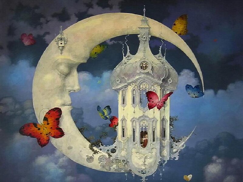 Moon with Face and Castle — Blue