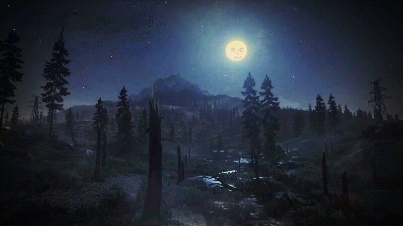 Moon with Face in Forest — Blue