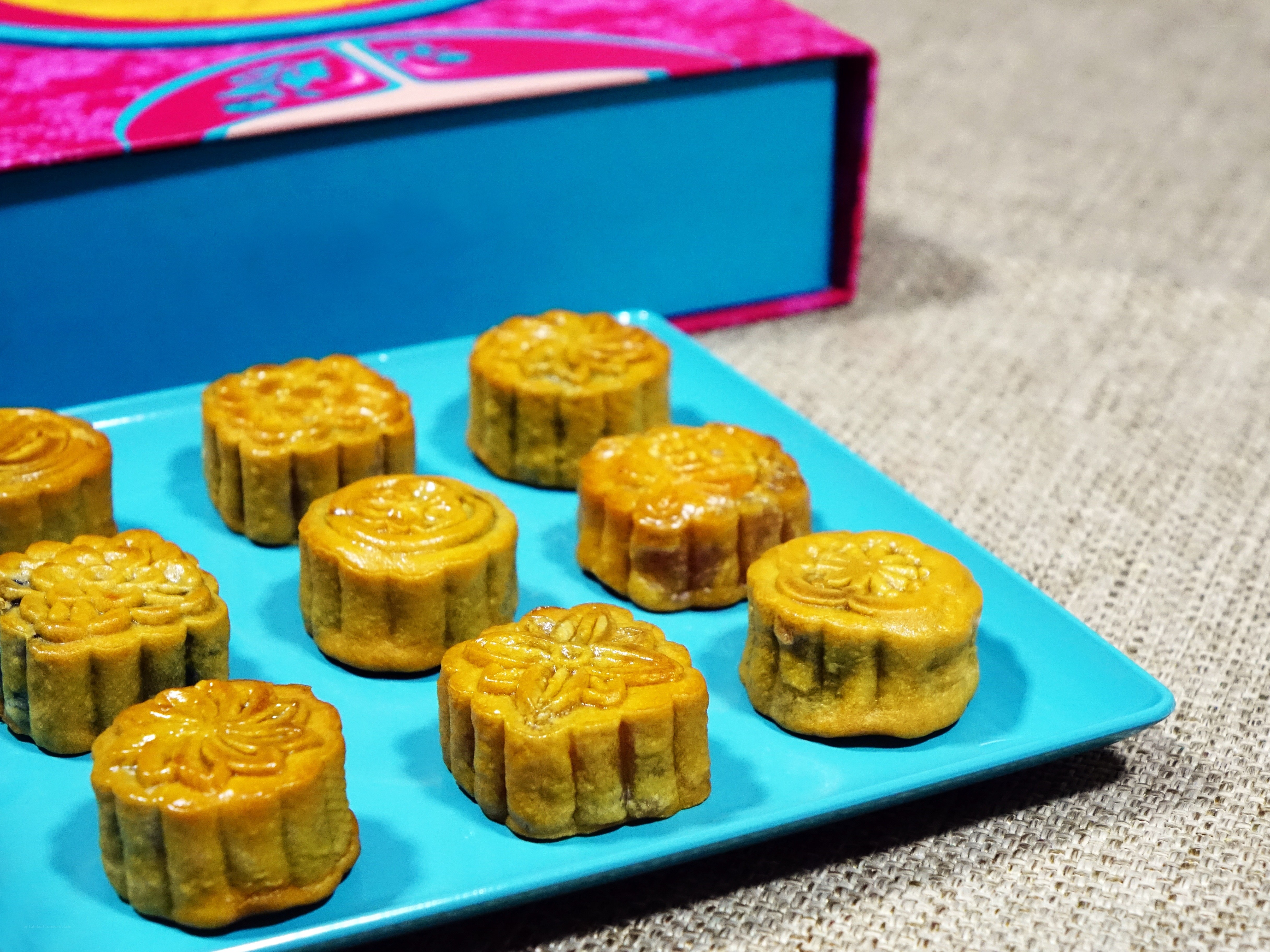 Mooncakes on a blue plate