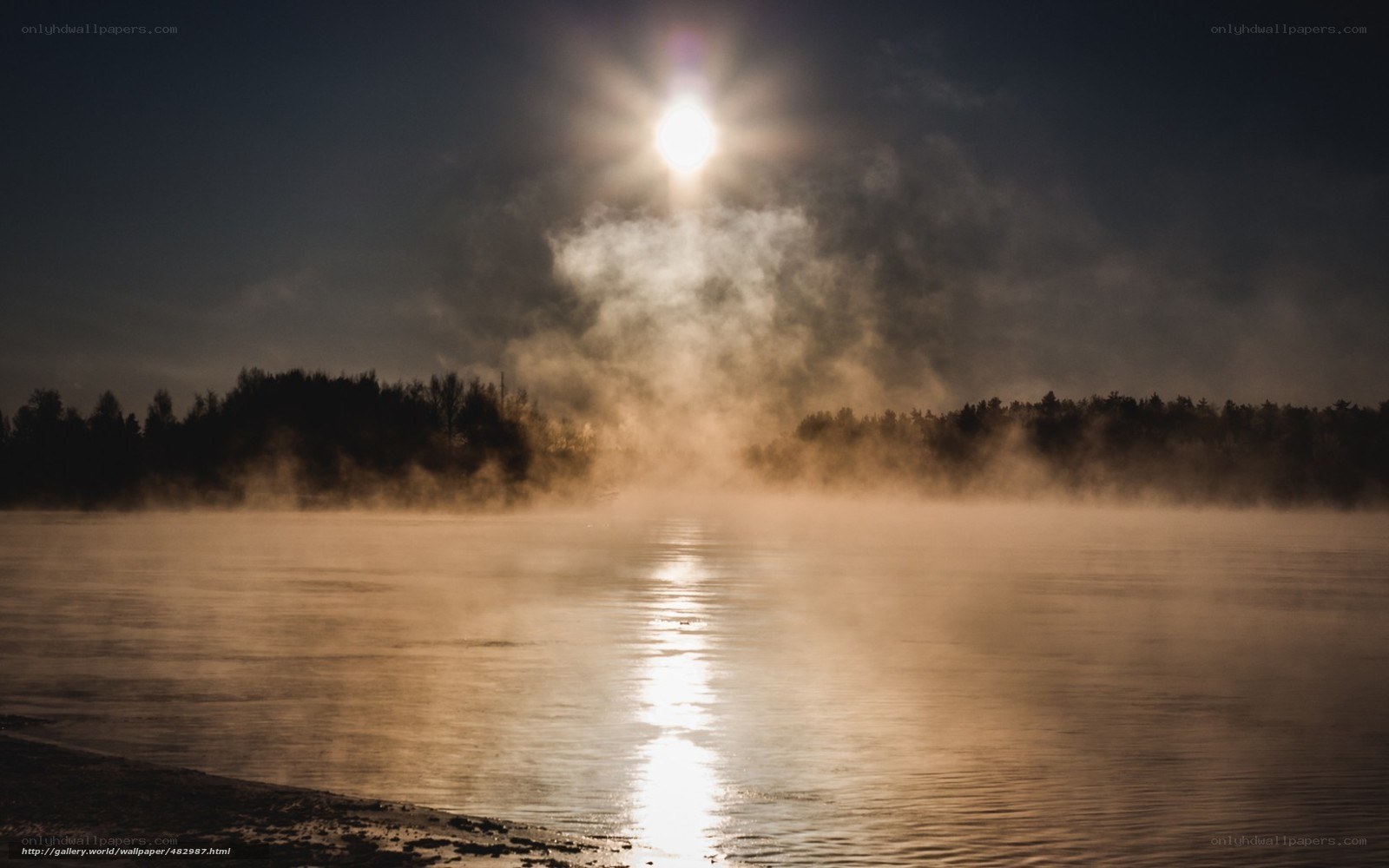Moonlight over misty lake