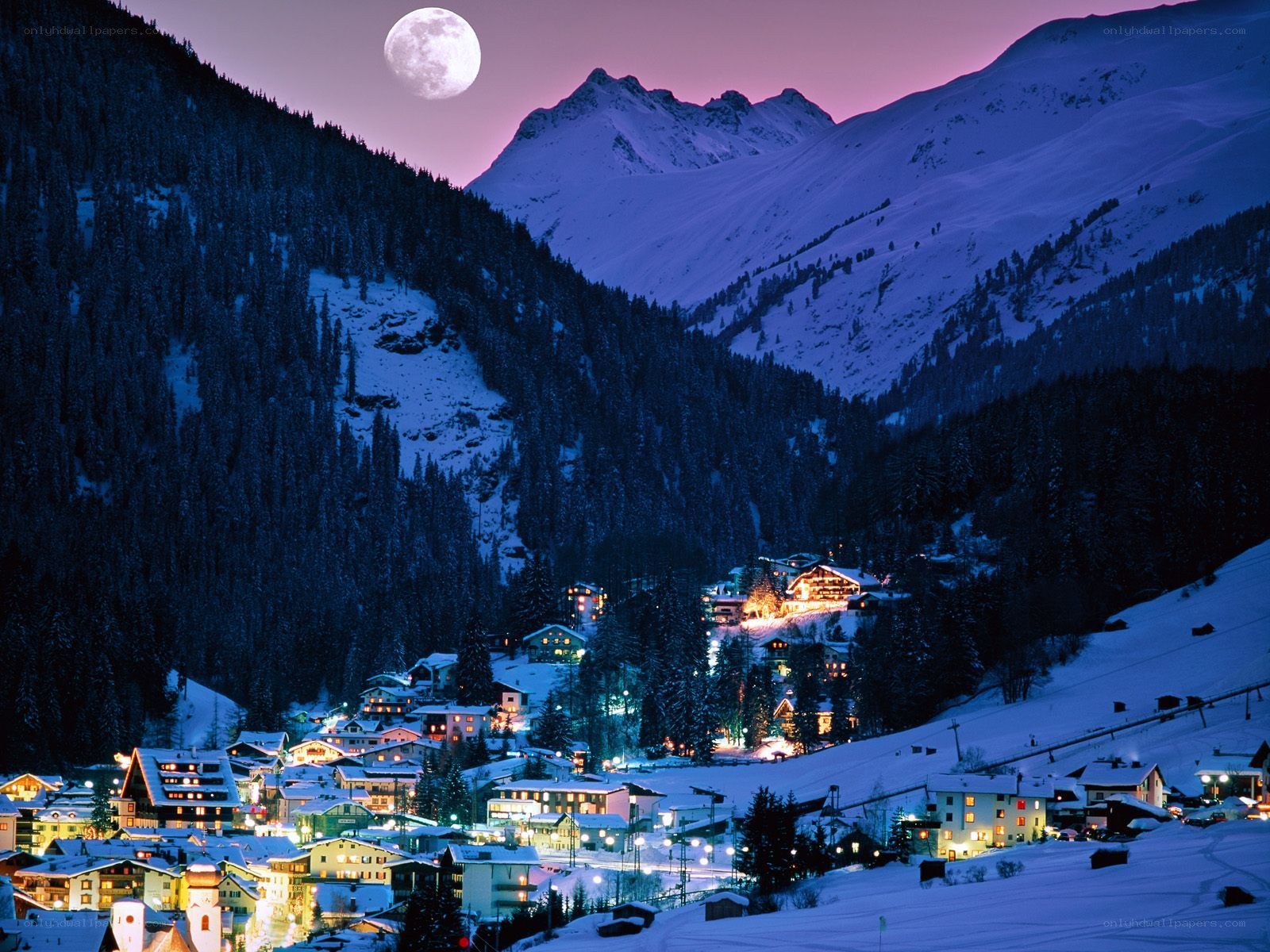 Moonlit Alpine Village at Night
