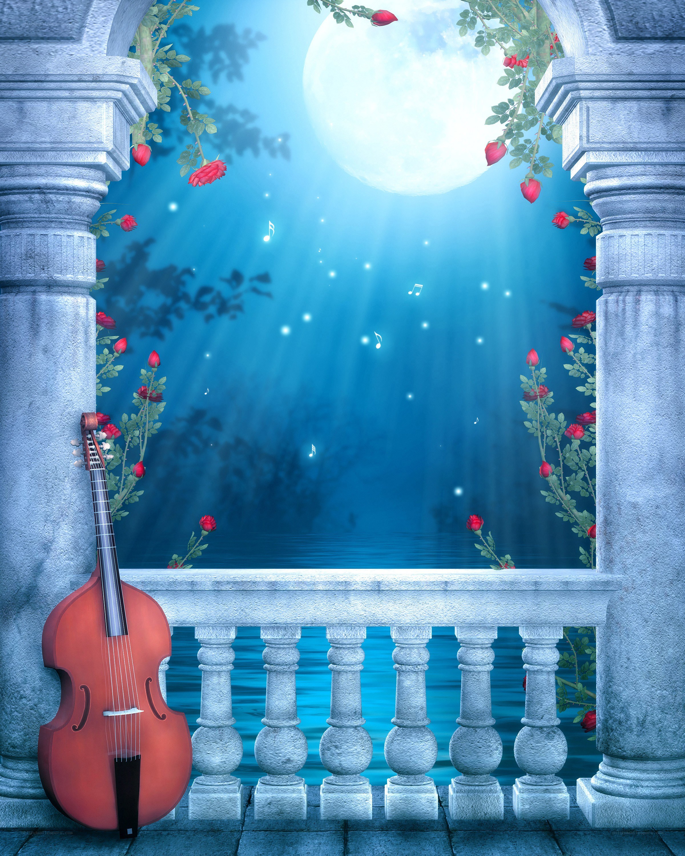 Moonlit balcony with cello
