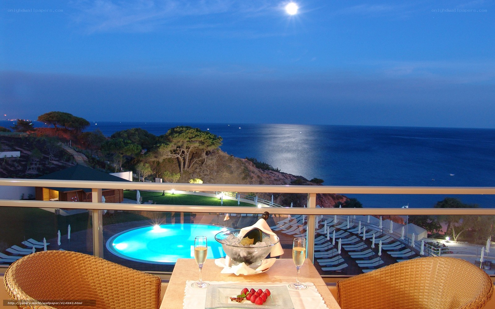 Moonlit balcony with ocean view