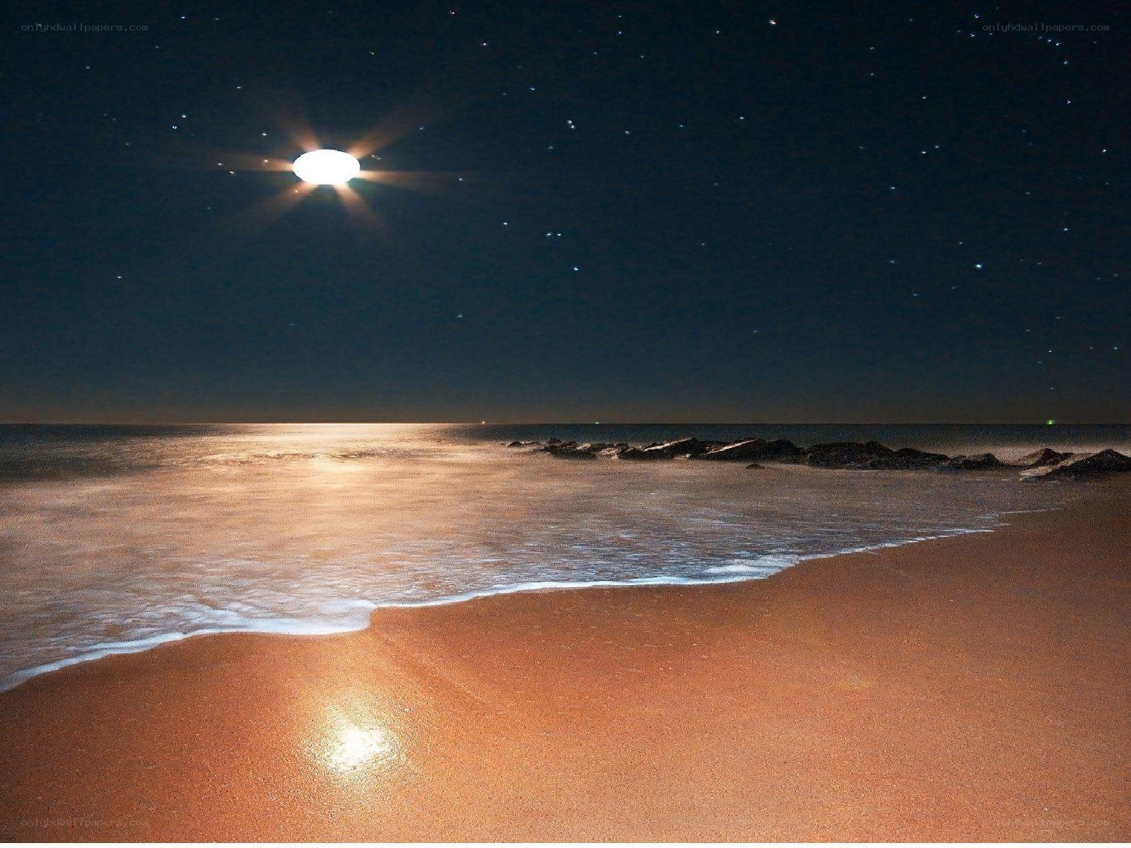 Moonlit beach at night