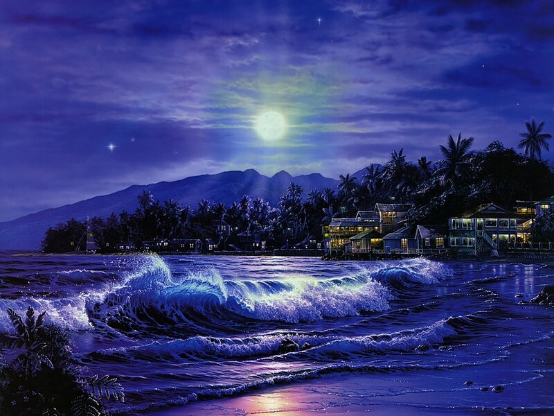 Moonlit beach at night