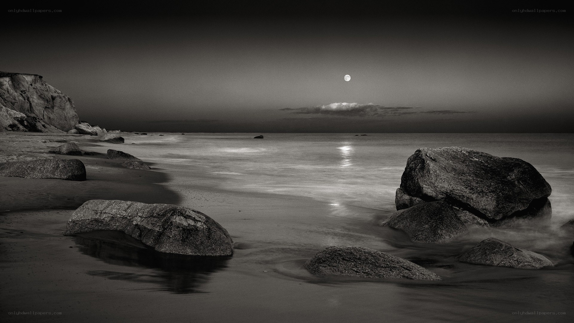 Moonlit beach at night
