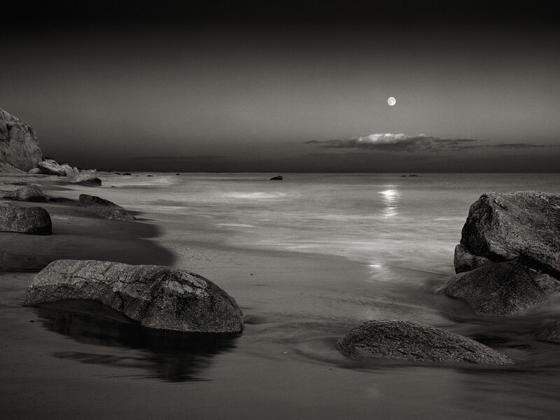 Moonlit Beach at Night — Black, Serene, Photograph