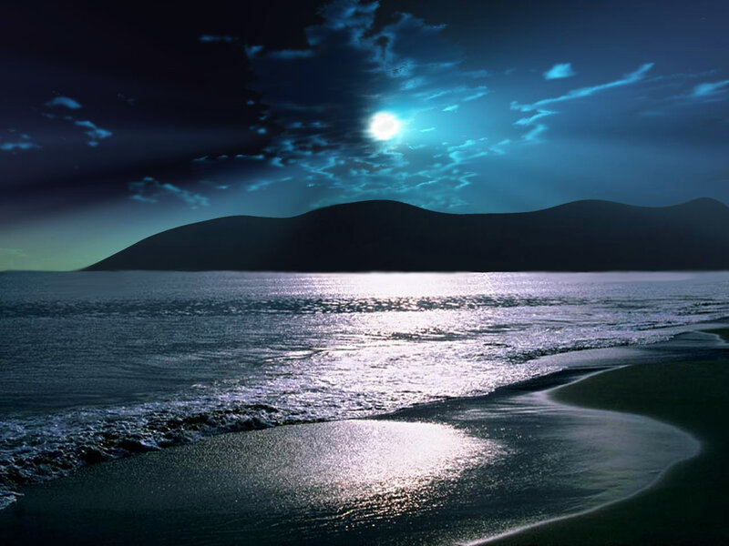 Moonlit Beach at Night — Blue, Serene, Digital Art, Moon