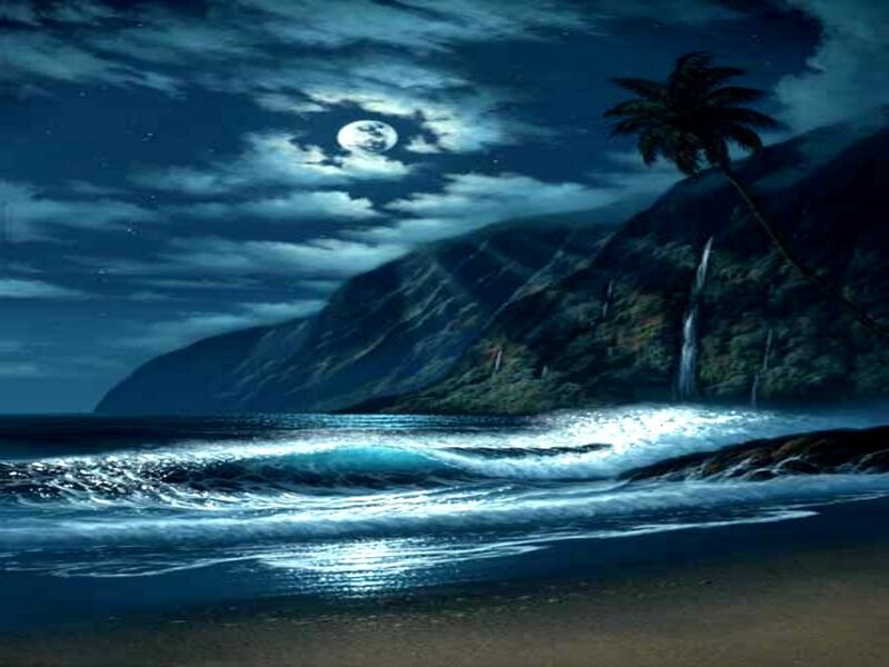 Moonlit Beach at Night — Blue, Serene, Digital Art