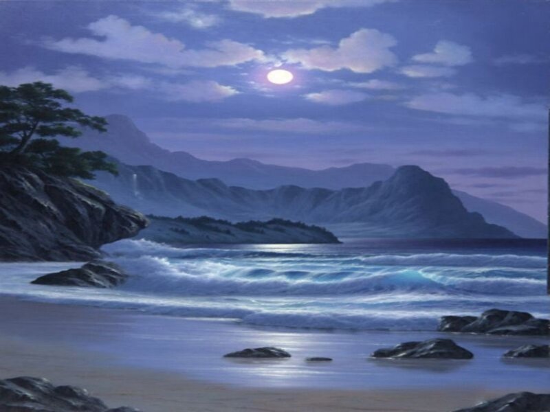 Moonlit Beach at Night — Blue, Serene, Painting