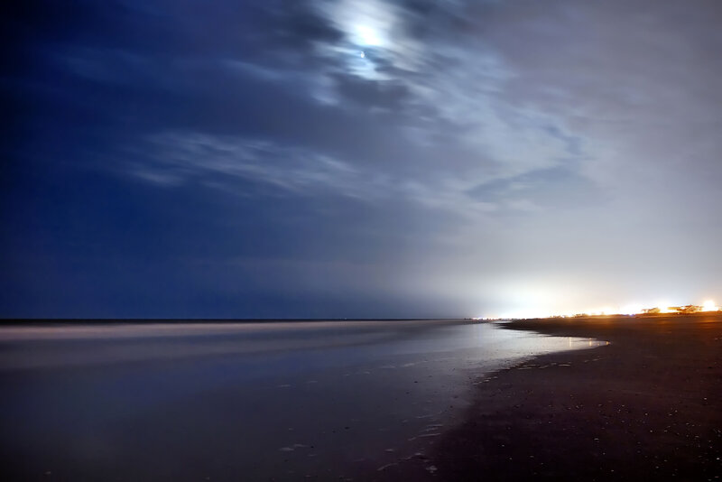 Moonlit Beach at Night — Blue, Serene, Photograph, Moon, Clouds