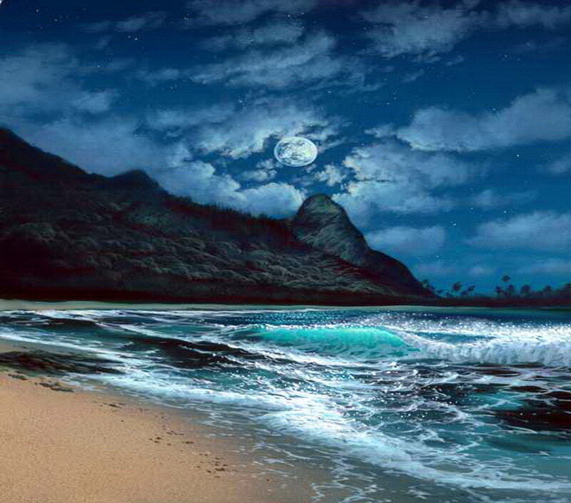 Moonlit Beach at Night — Blue, Serene