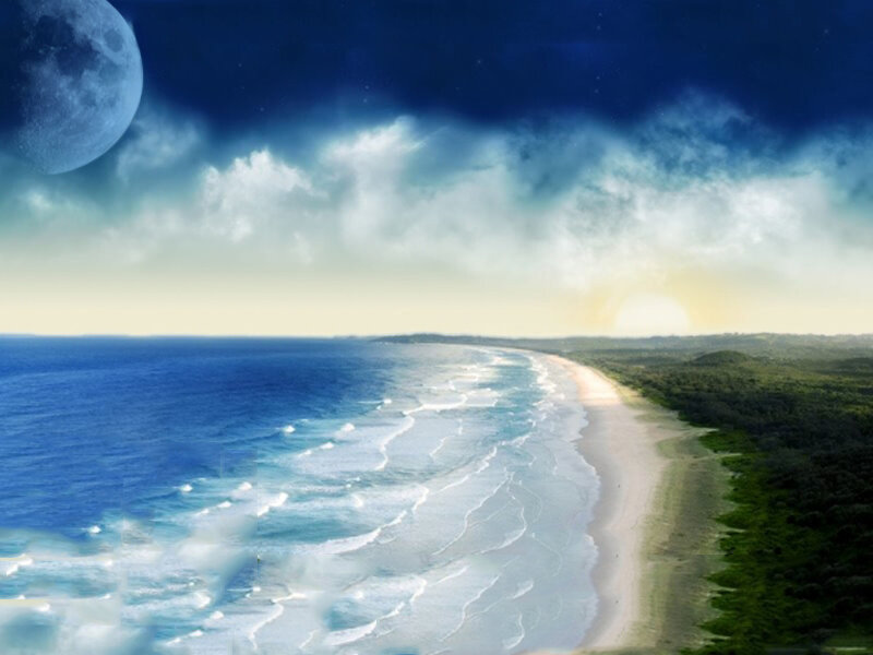 Moonlit beach at sunset