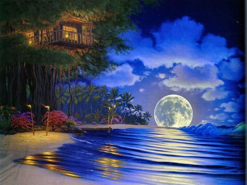 Moonlit beach treehouse scene