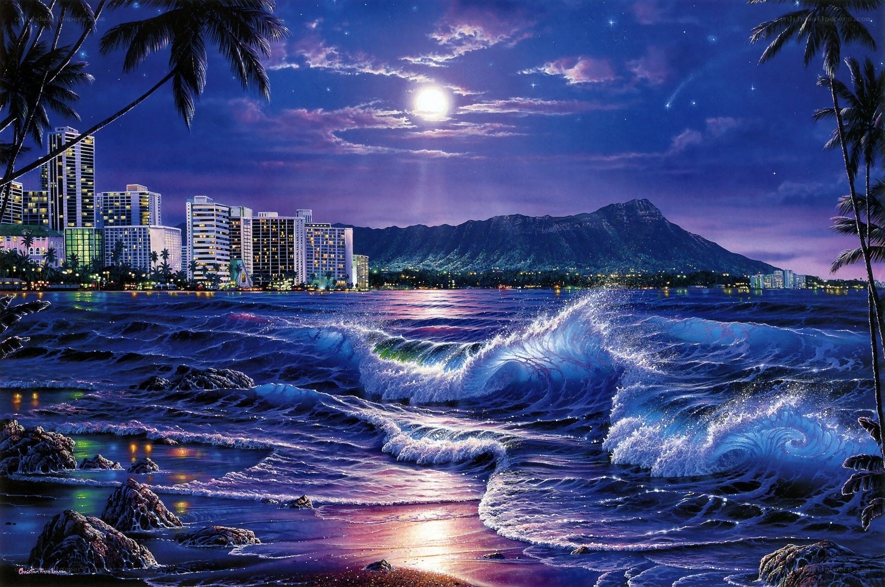 Moonlit beach with city skyline