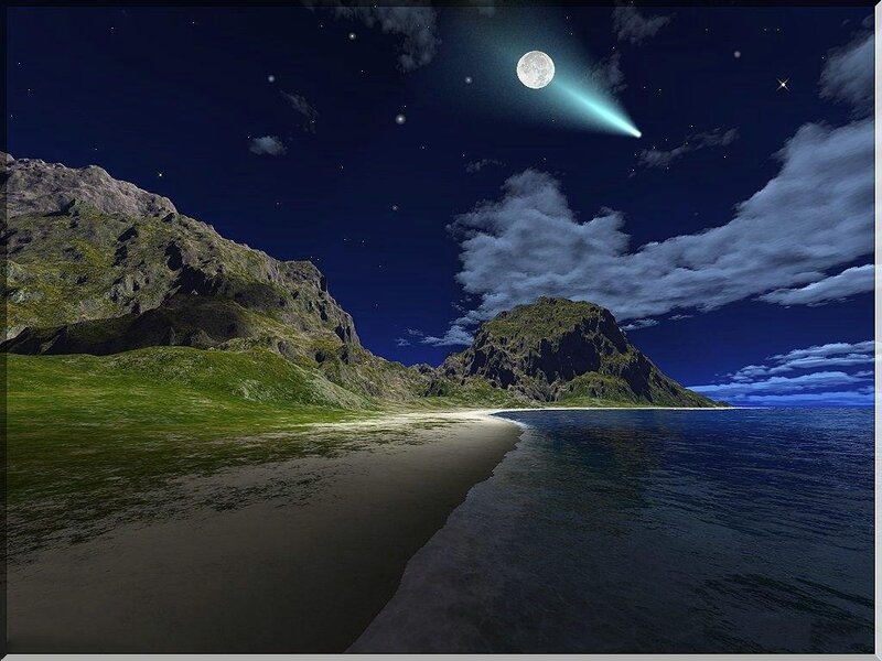 Moonlit beach with comet