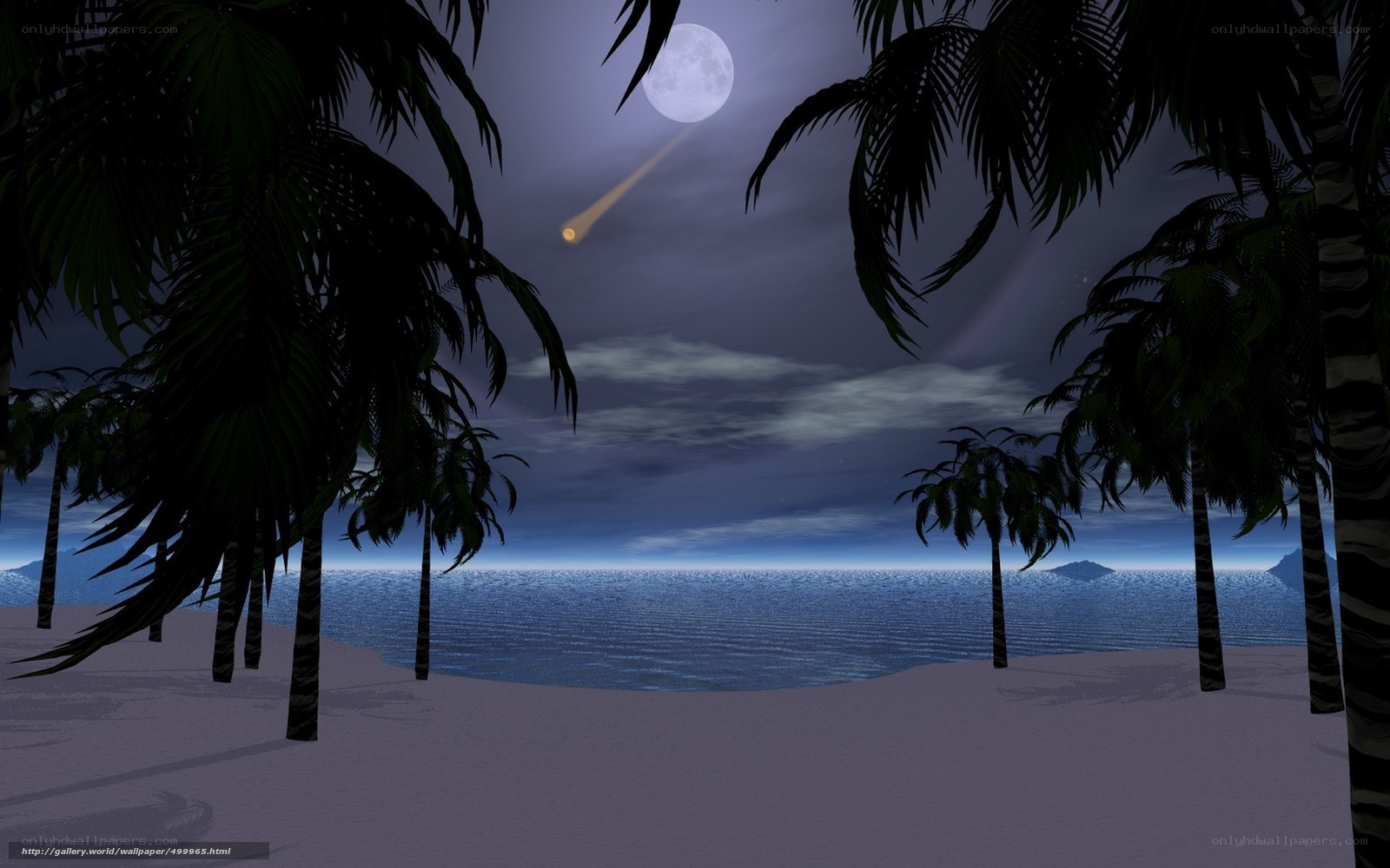 Moonlit beach with meteor