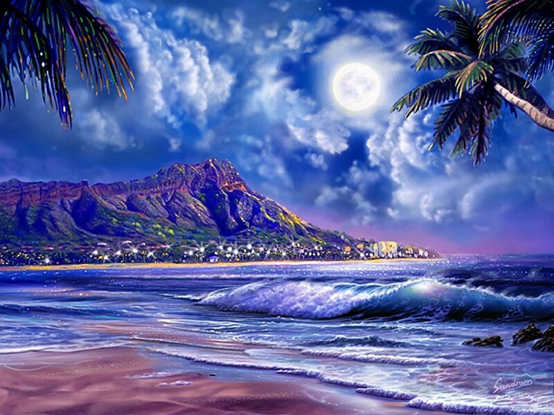 Moonlit beach with palm trees