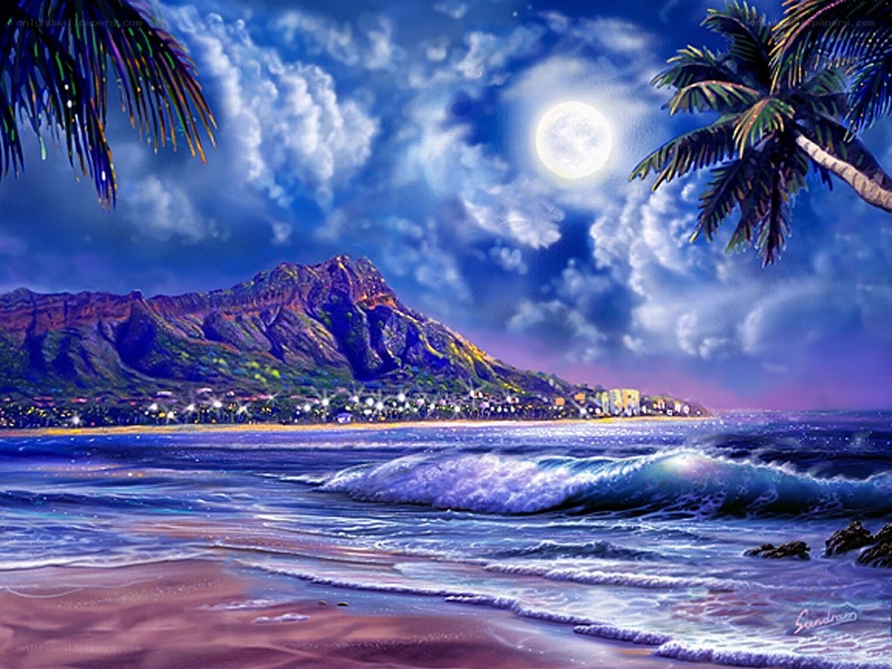 Moonlit beach with palm trees