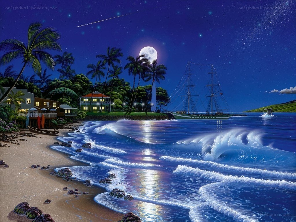 Moonlit beach with ship at night