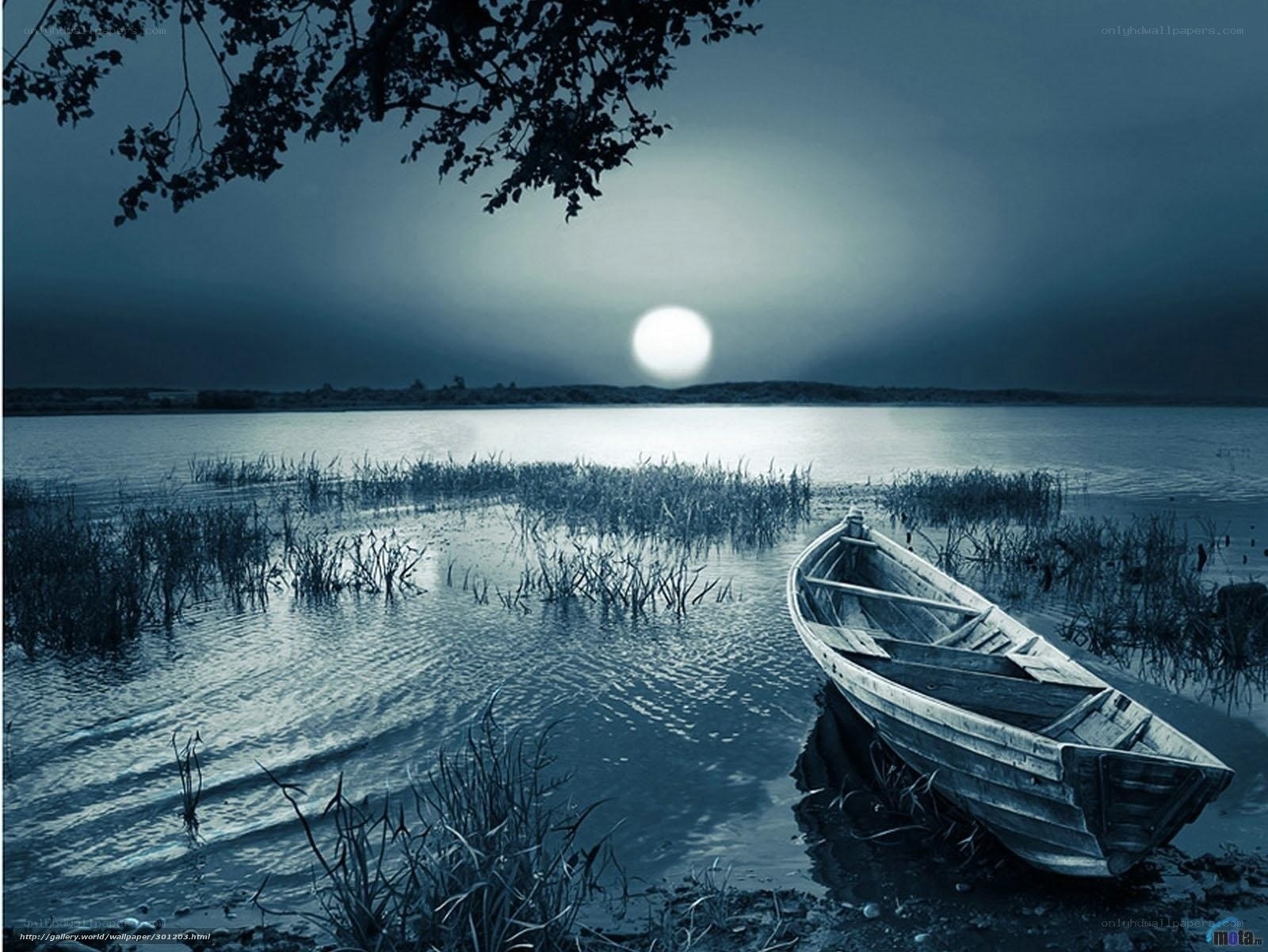 Moonlit boat on a calm lake