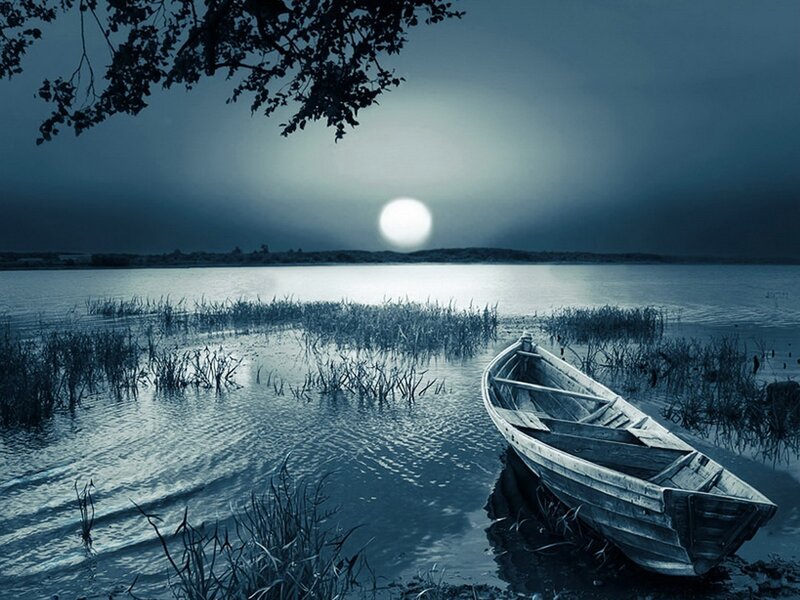 Moonlit boat on a calm lake