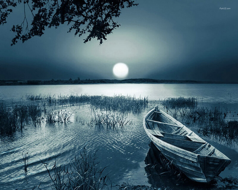 Moonlit boat on a calm lake