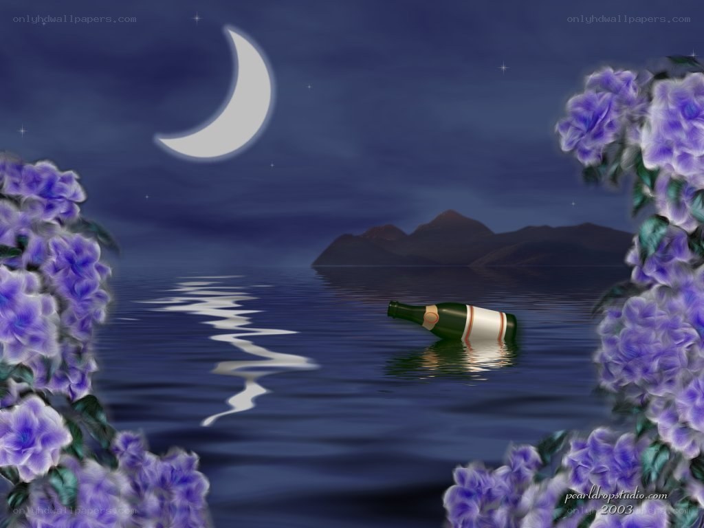 Moonlit bottle on water