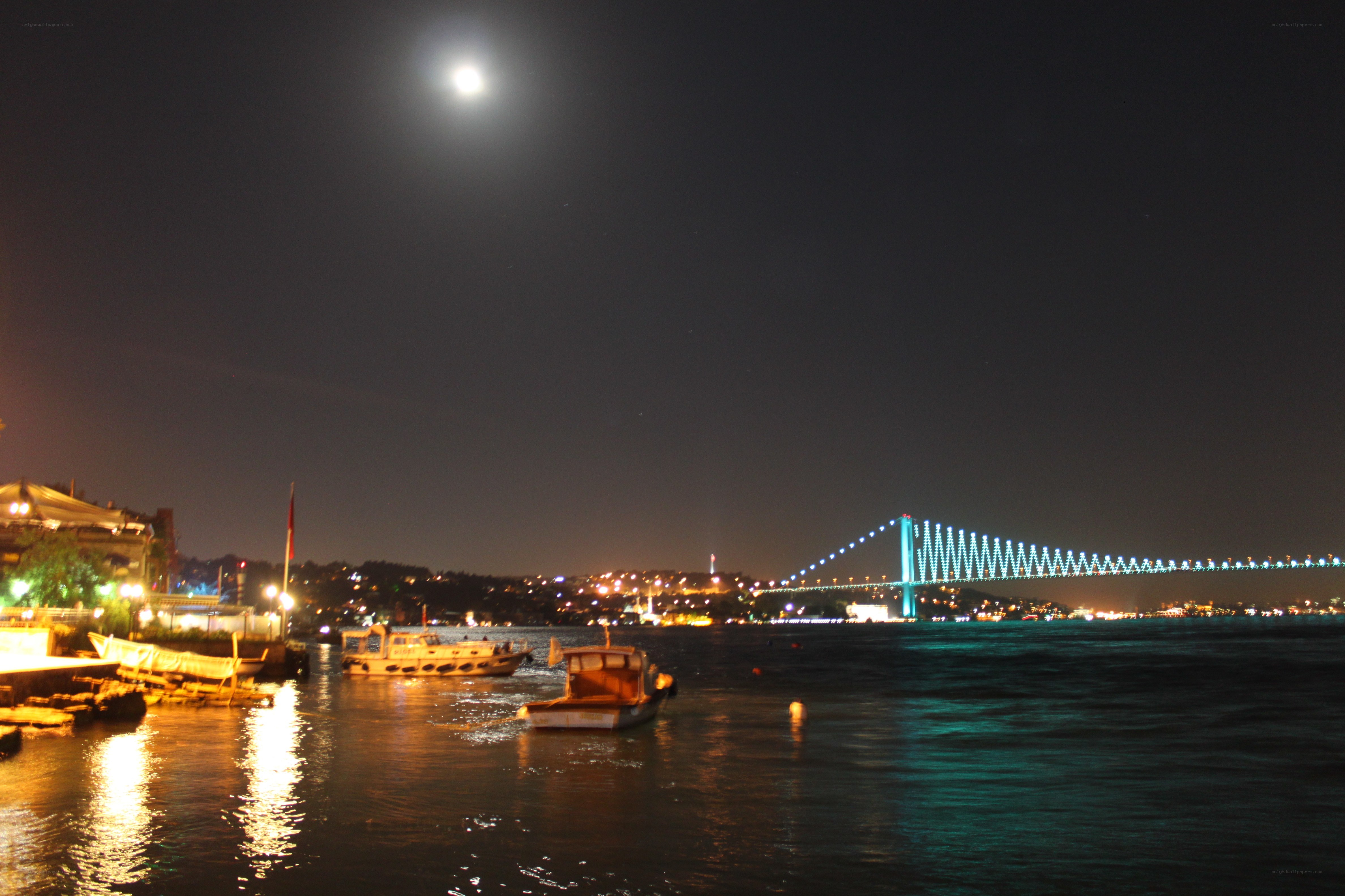 Moonlit bridge at night