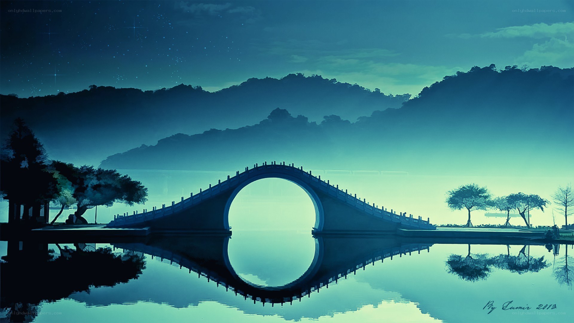 Moonlit bridge over calm water