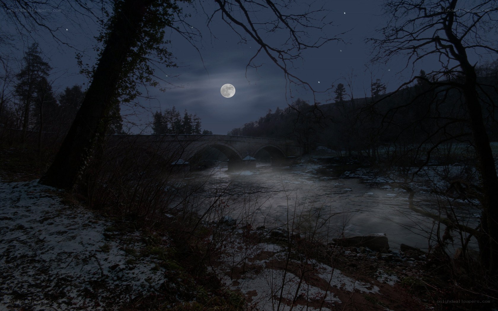 Moonlit bridge over river