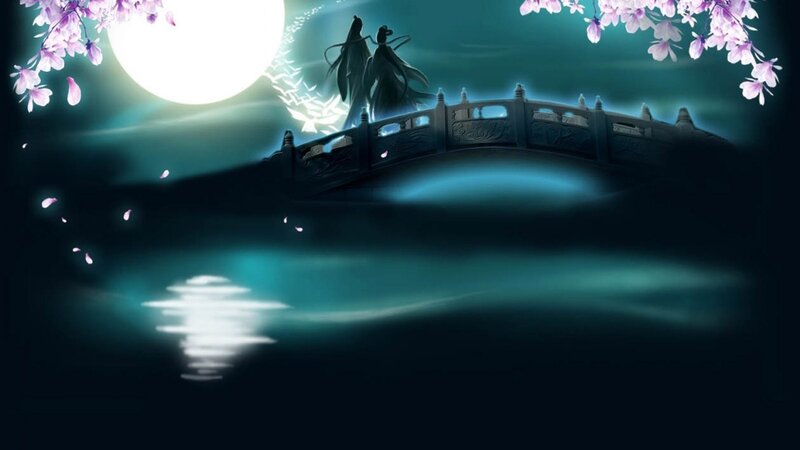 Moonlit bridge with cherry blossoms