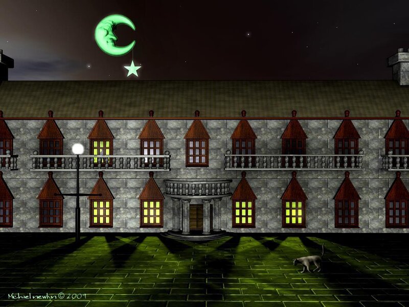 Moonlit building at night