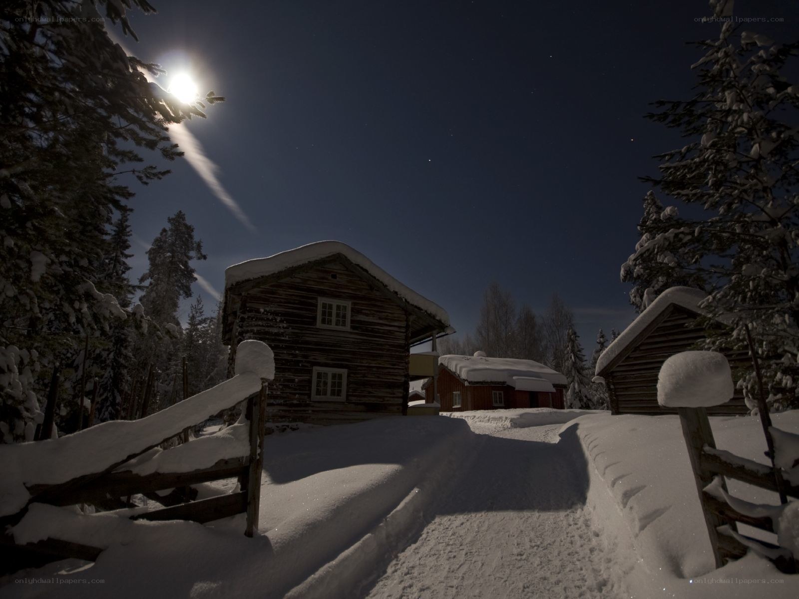 Moonlit cabin in snowy forest