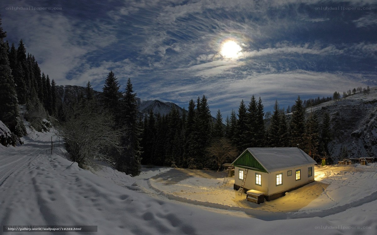 Moonlit cabin in snowy forest