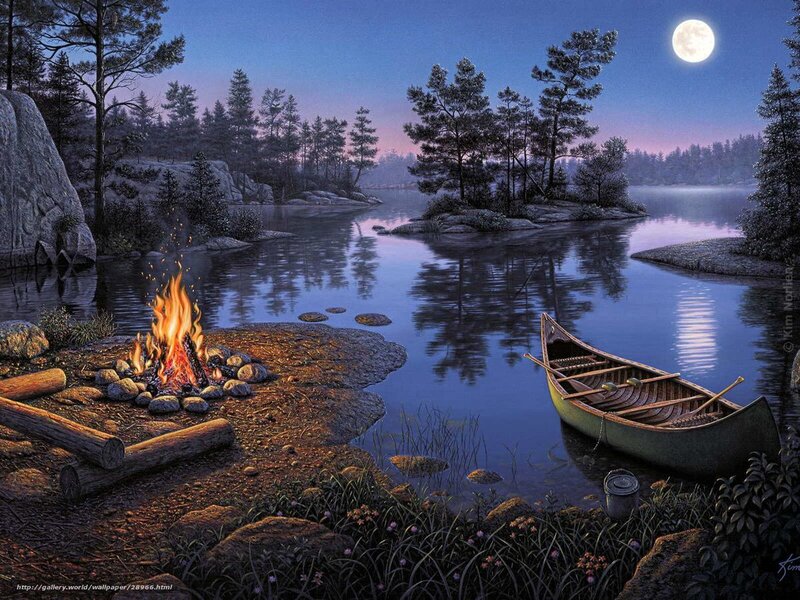 Moonlit campfire by the lake