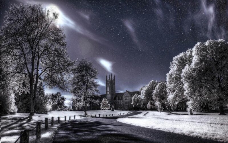 Moonlit campus at night