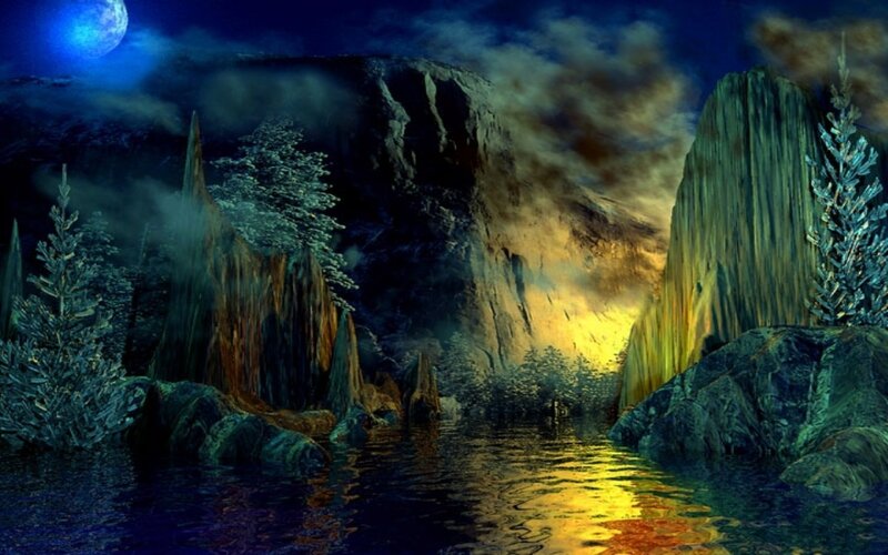 moonlit canyon river scene