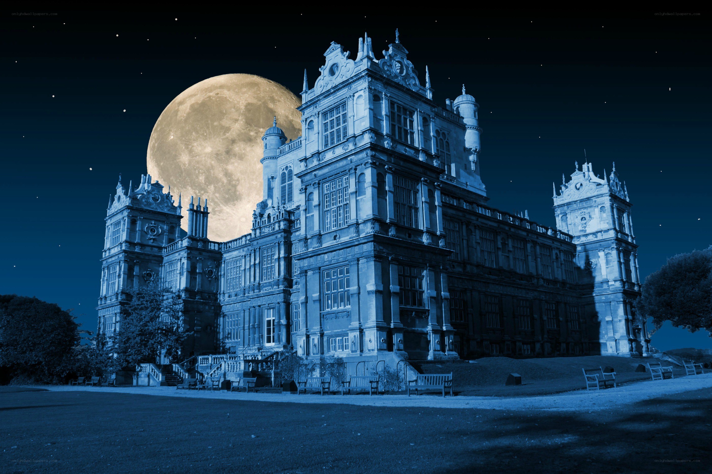 Moonlit castle at night