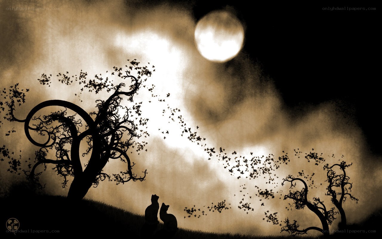 Moonlit cats under a starry sky