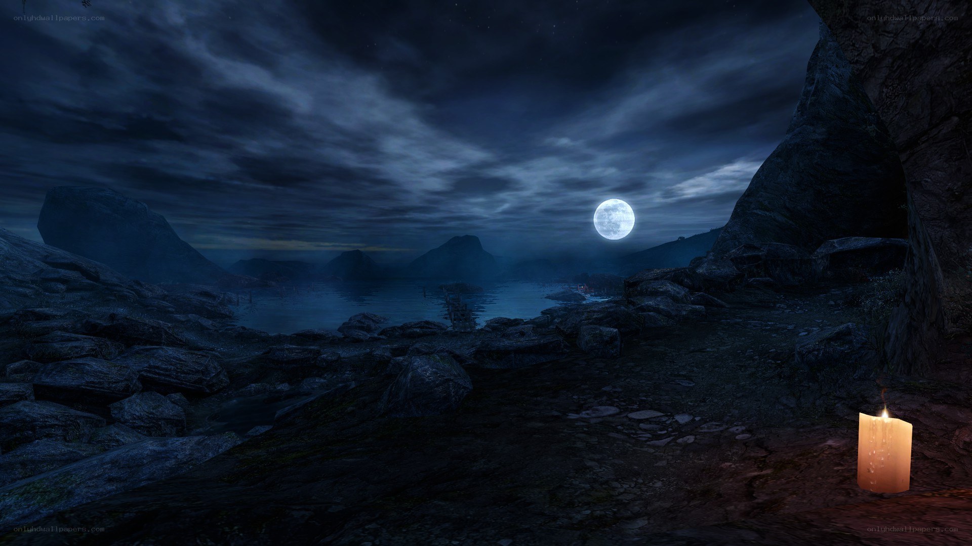 Moonlit cave by the sea