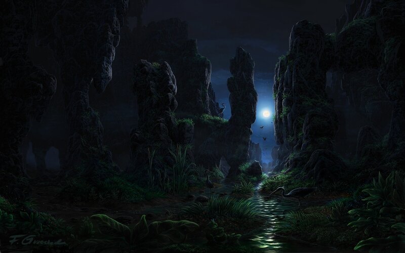 Moonlit cave stream