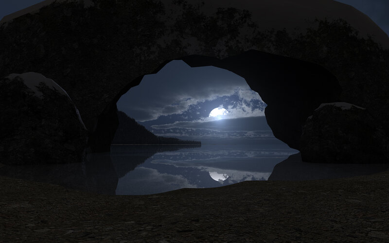 Moonlit cave view of lake