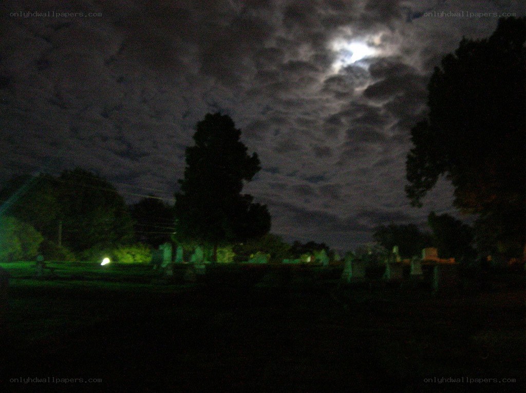 Moonlit cemetery at night