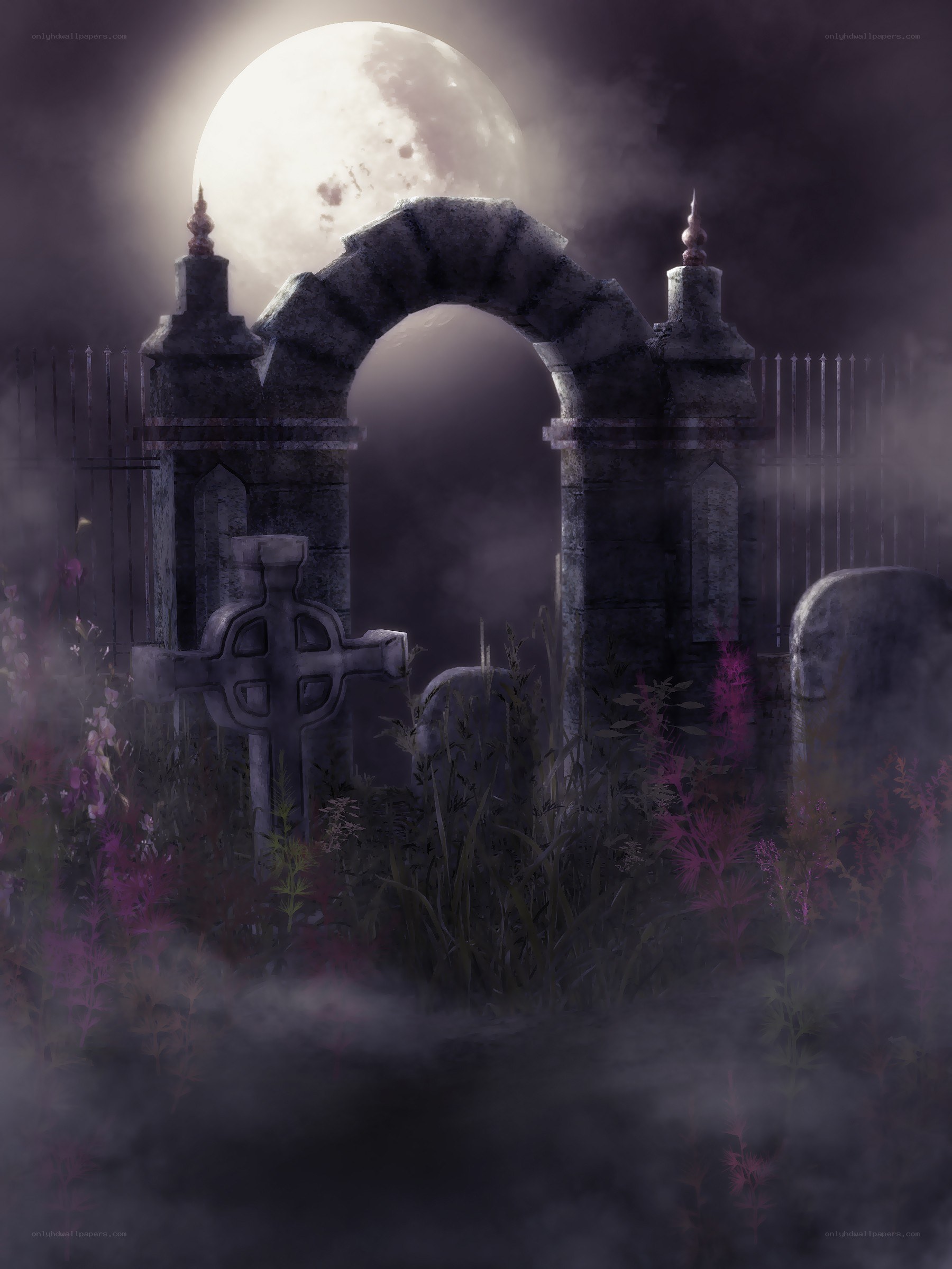 Moonlit cemetery gate