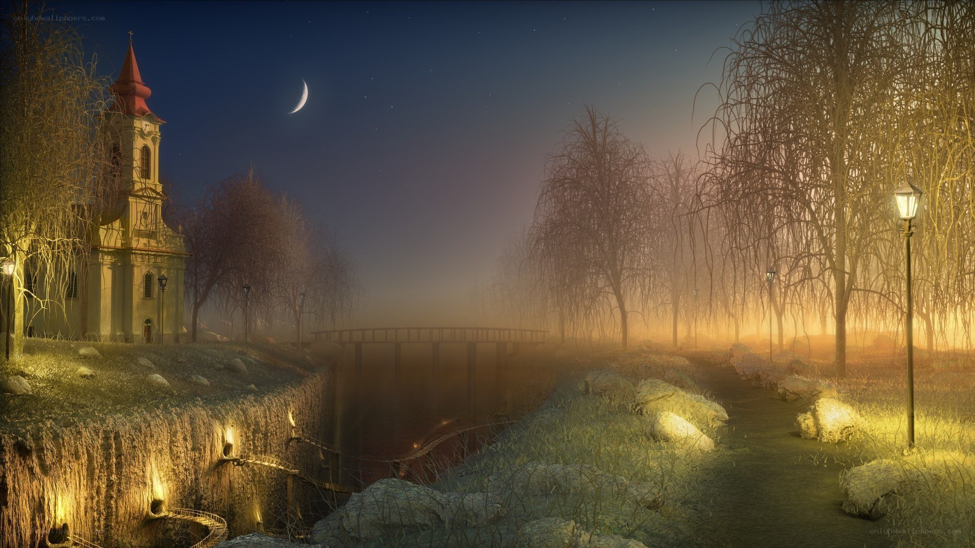 Moonlit church by the river